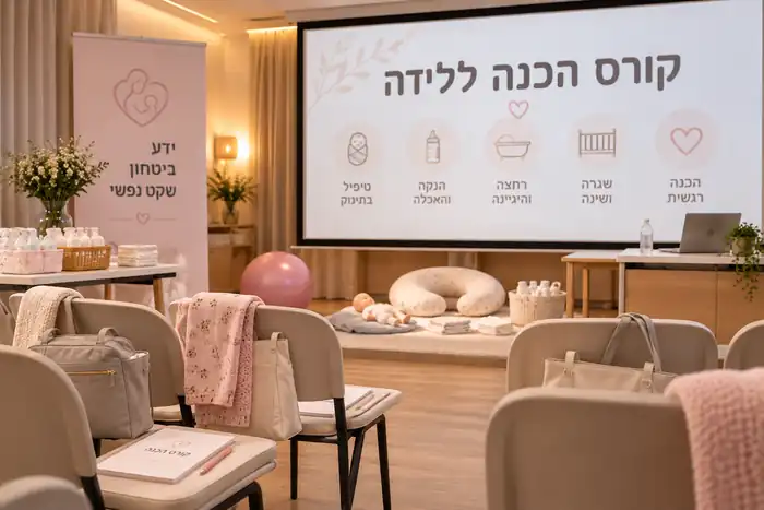כיתת קורס הכנה ללידה עם מצגת וכיסאות