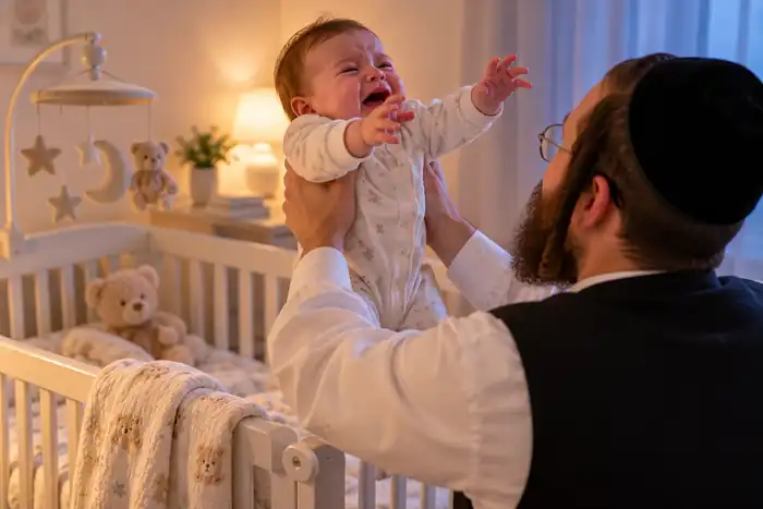 אבא מרים תינוק בוכה מהמיטה